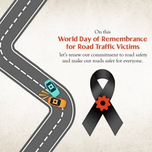 Image commemorating the World Day of Remembrance for Road Traffic Victims with a road, cars, and a black ribbon.