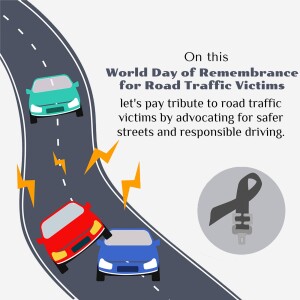 Illustration depicting cars on a winding road with a memorial ribbon, promoting road safety.
