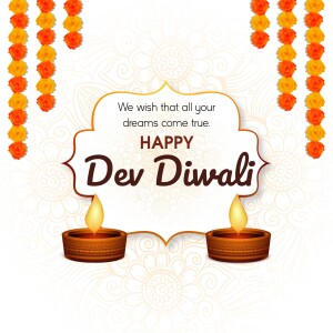 Dev Diwali greeting card with flowers, candles, and festive text