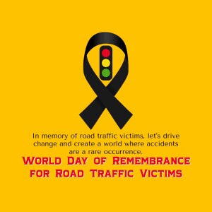 Yellow background with a black ribbon and traffic light symbolizing remembrance for road traffic victims.