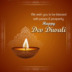 Image of a lit diya with text wishing peace and prosperity for Dev Diwali