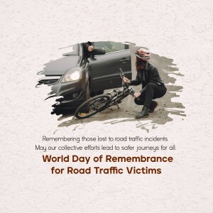 Image depicting a car crash scene with a cyclist and a message remembering road traffic victims.