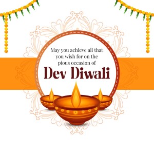 Dev Diwali festive greeting with diya lamps and decorative elements