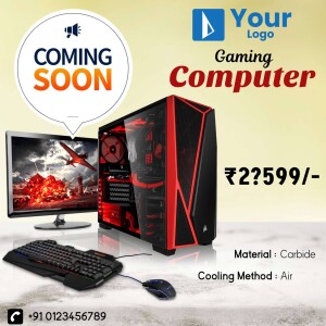 Gaming computer setup with monitor, keyboard, and mouse. 'Coming Soon' announcement.