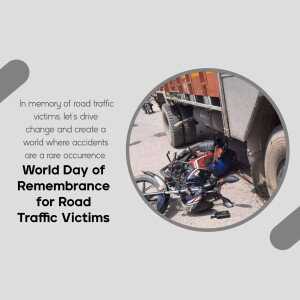 Image depicting a damaged motorcycle and truck, commemorating road traffic victims.
