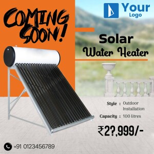 Image of a solar water heater with 'Coming Soon!' text and product details.