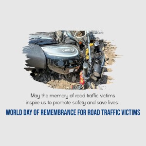 Motorcycle with a memorial message for road traffic victims