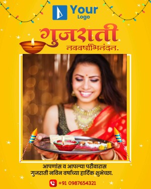 Woman in traditional Gujarati attire celebrating Navratri with a puja thali.