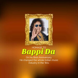 Portrait of Bappi Lahiri in a golden frame with text commemorating his birthday