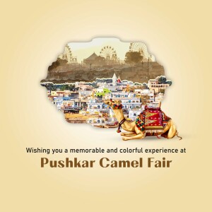 Image depicting a camel with a Pushkar landscape background and text wishing a memorable experience.