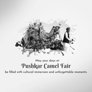 Black and white image of a decorated camel and rider at the Pushkar Camel Fair with text overlay.