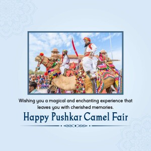 Image of a Pushkar Camel Fair celebration with decorated camels and traditionally dressed people.