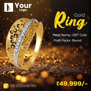 Close-up of a beautiful 22KT gold ring with intricate design and sparkling diamonds.