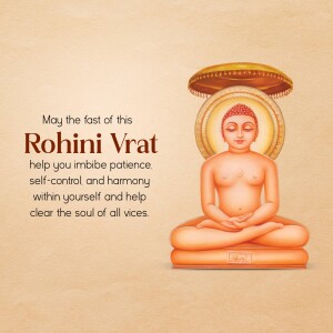 Image depicting a serene Buddha statue with text wishing for patience and harmony during Rohini Vrat.