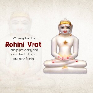Image of a white marble statue of a Jain Tirthankara with text wishing prosperity for Rohini Vrat