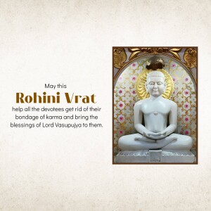 Image of Lord Vasupujya statue with text 'Rohini Vrat'
