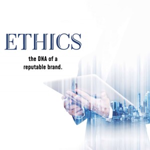 Image depicting the word 'ETHICS' with a digital and cityscape background, representing business integrity.