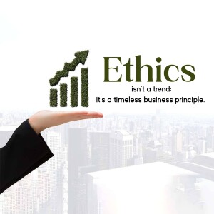 Hand holding a graph made of plants with the word 'Ethics' and a cityscape in the background.