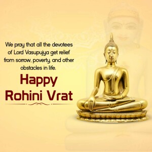 Golden statue of Buddha with text 'Happy Rohini Vrat'