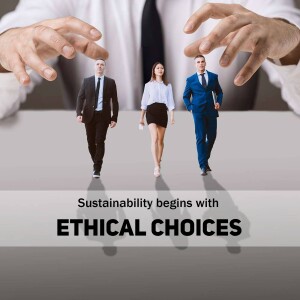 A conceptual image representing ethical choices and sustainability with miniature people walking towards a message.