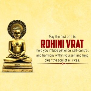 Golden statue of a Jain Tirthankara with text wishing for a peaceful Rohini Vrat