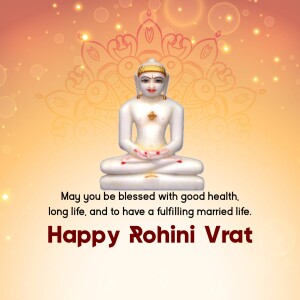 Image of a white marble statue of a Jain Tirthankara with a festive background and text wishing 'Happy Rohini Vrat'