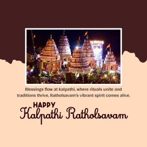 Night view of Kalpathi temples during Ratholsavam festival with text 'Happy Kalpathi Ratholsavam'