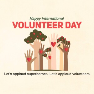 Illustration of hands of different skin tones reaching up like trees with red hearts as leaves, celebrating International Volunteer Day.