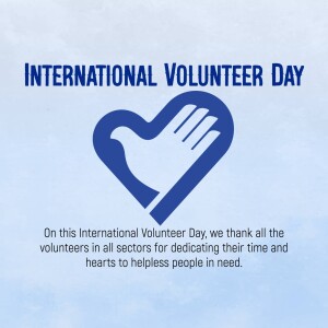 International Volunteer Day graphic with a heart and hand symbol.