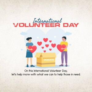 Illustration of people donating with hearts floating around a donation box for International Volunteer Day.