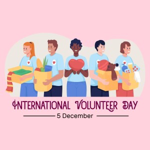 Illustration of diverse people carrying donations for International Volunteer Day
