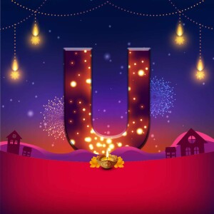 Letter U illuminated with Diwali lights and fireworks