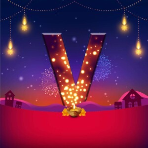 Letter V illuminated with Diwali lights and decorations
