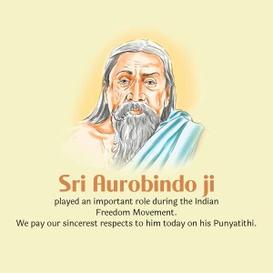 Portrait of Sri Aurobindo Ji with text commemorating his Punyatithi
