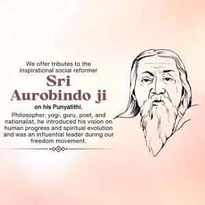 Black and white portrait of Sri Aurobindo Ji with a pink gradient background.