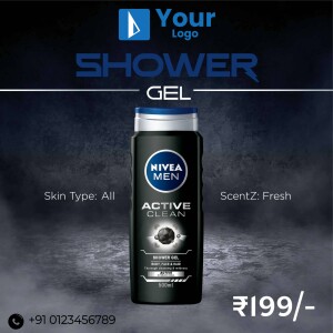 Nivea Men Active Clean Shower Gel product shot with price and contact details