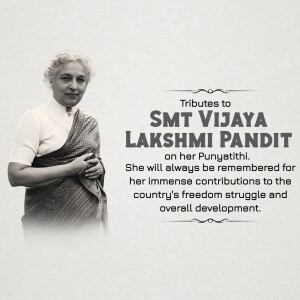 Black and white portrait of Smt Vijaya Lakshmi Pandit with a tribute message.