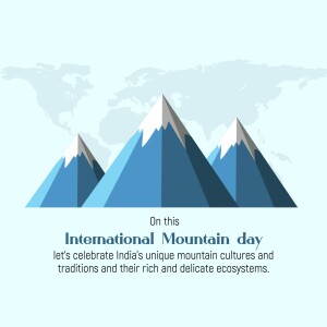 Illustration of mountains with text celebrating International Mountain Day in India.