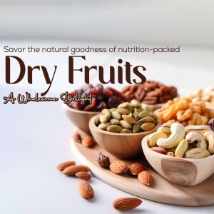Assortment of dry fruits in wooden bowls on a wooden surface