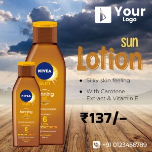 Nivea Sun Lotion bottles with a sunset background and price details.