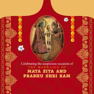 Image depicting the marriage of Mata Sita and Prabhu Shri Ram with decorative elements and text.