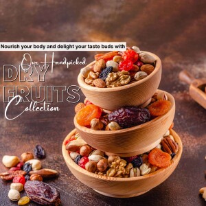 A tiered wooden stand filled with a variety of colorful dry fruits and nuts.