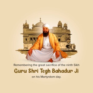 Portrait of Guru Shri Teg Bahadur Ji with the Golden Temple in the background