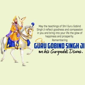 Image depicting Guru Gobind Singh Ji on a white horse with a celebratory message.
