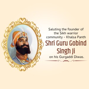 Portrait of Guru Gobind Singh Ji with text commemorating Gurpurb