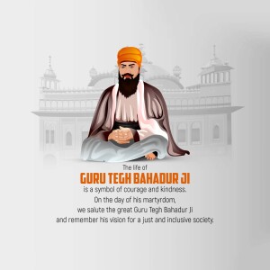 Portrait of Guru Tegh Bahadur Ji with Golden Temple in the background