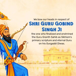 Illustration of Guru Gobind Singh Ji with the Golden Temple in the background