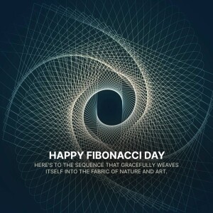 Abstract spiral design celebrating Fibonacci Day with text.