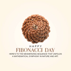 Close-up of a pinecone with text celebrating Fibonacci Day
