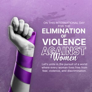 A clenched fist with a purple ribbon wrapped around the wrist, symbolizing solidarity against violence against women.